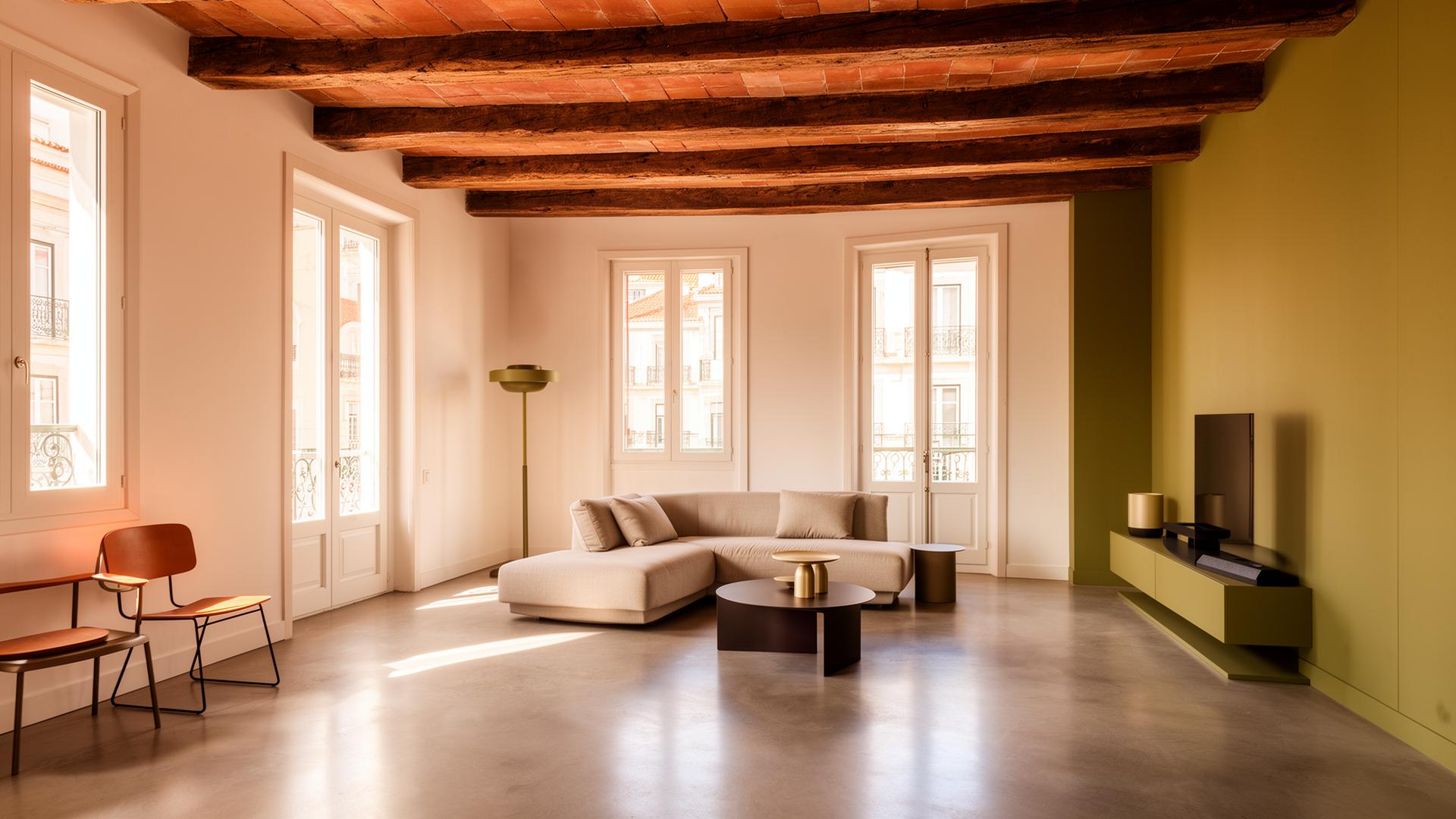 Sala de estar renovada em Lisboa com vigas de madeira e acabamentos premium