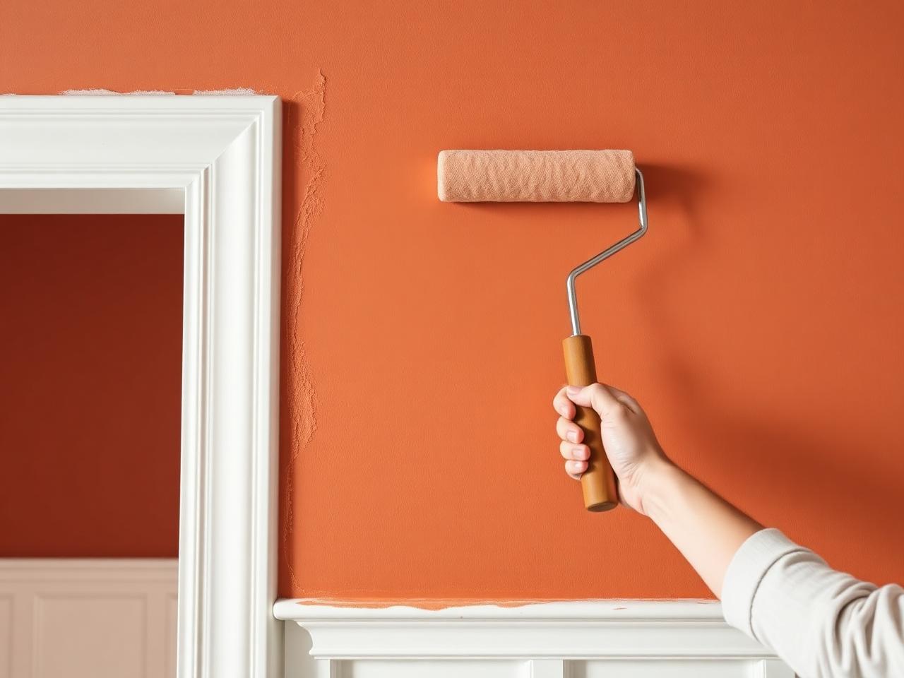 Acabamento em pintura interior com tom terracotta